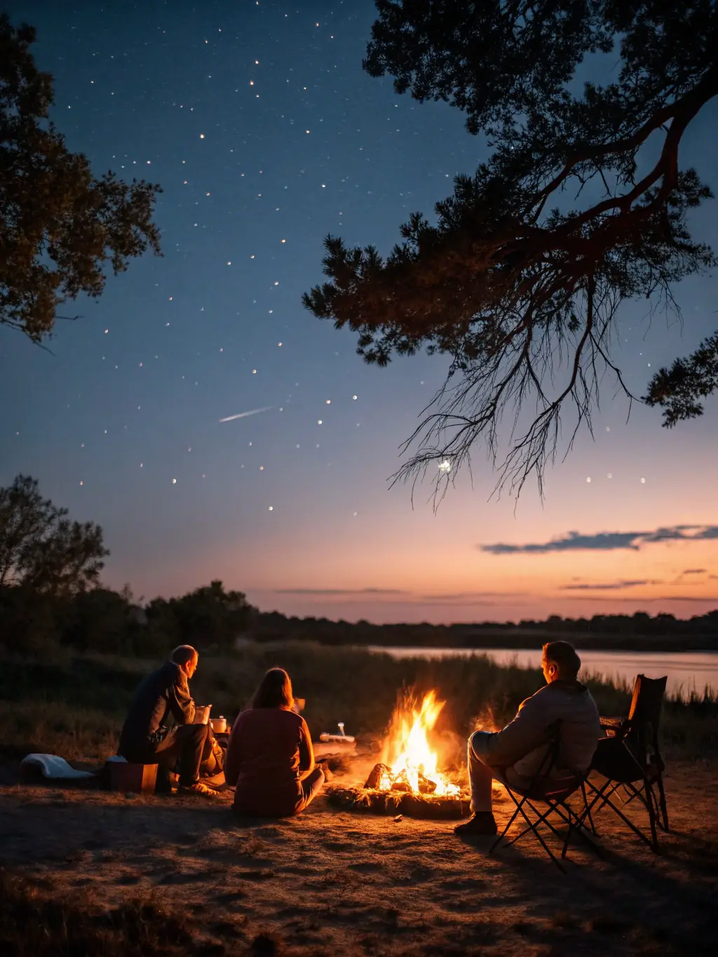 A group of people laughing and sharing stories around a campfire, symbolizing the outdoor adventure community on LifeConnect.