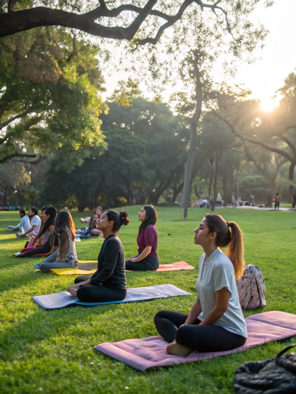 A serene image of people practicing yoga together in a park, representing the wellness community on LifeConnect.
