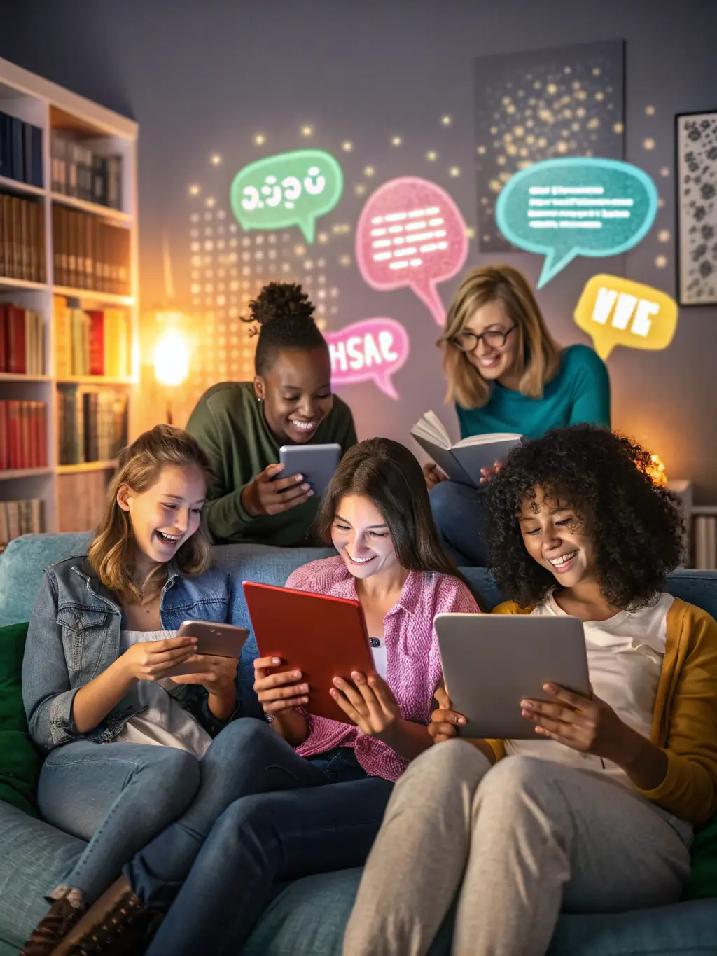 A diverse group of people smiling and connecting during a virtual book club meeting, showcasing the literary community on LifeConnect.