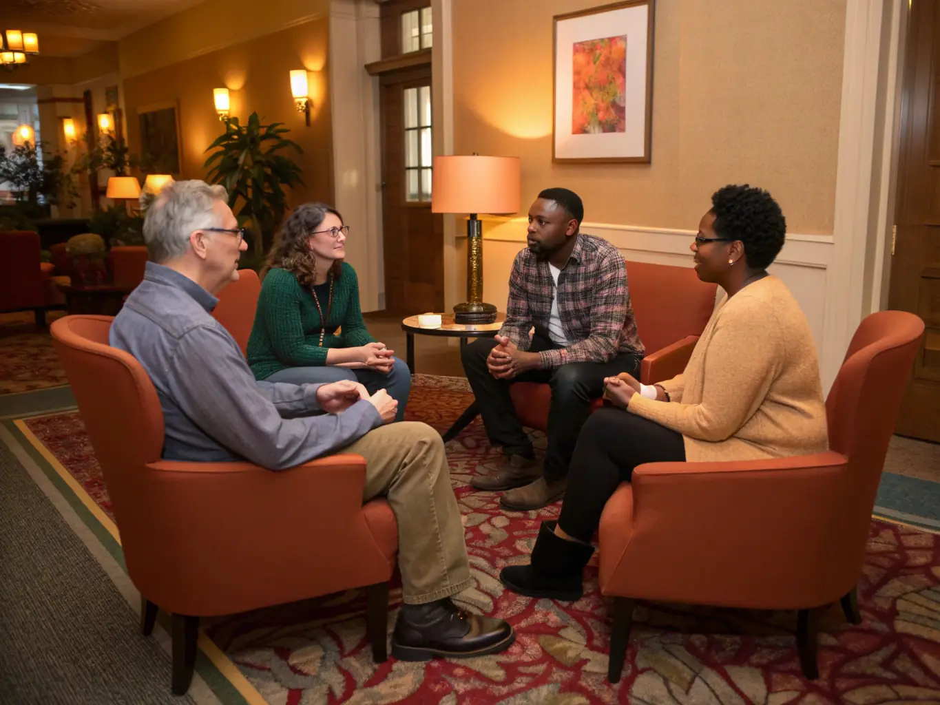 A group of diverse people sitting in a circle, engaged in a supportive discussion, representing community and connection.