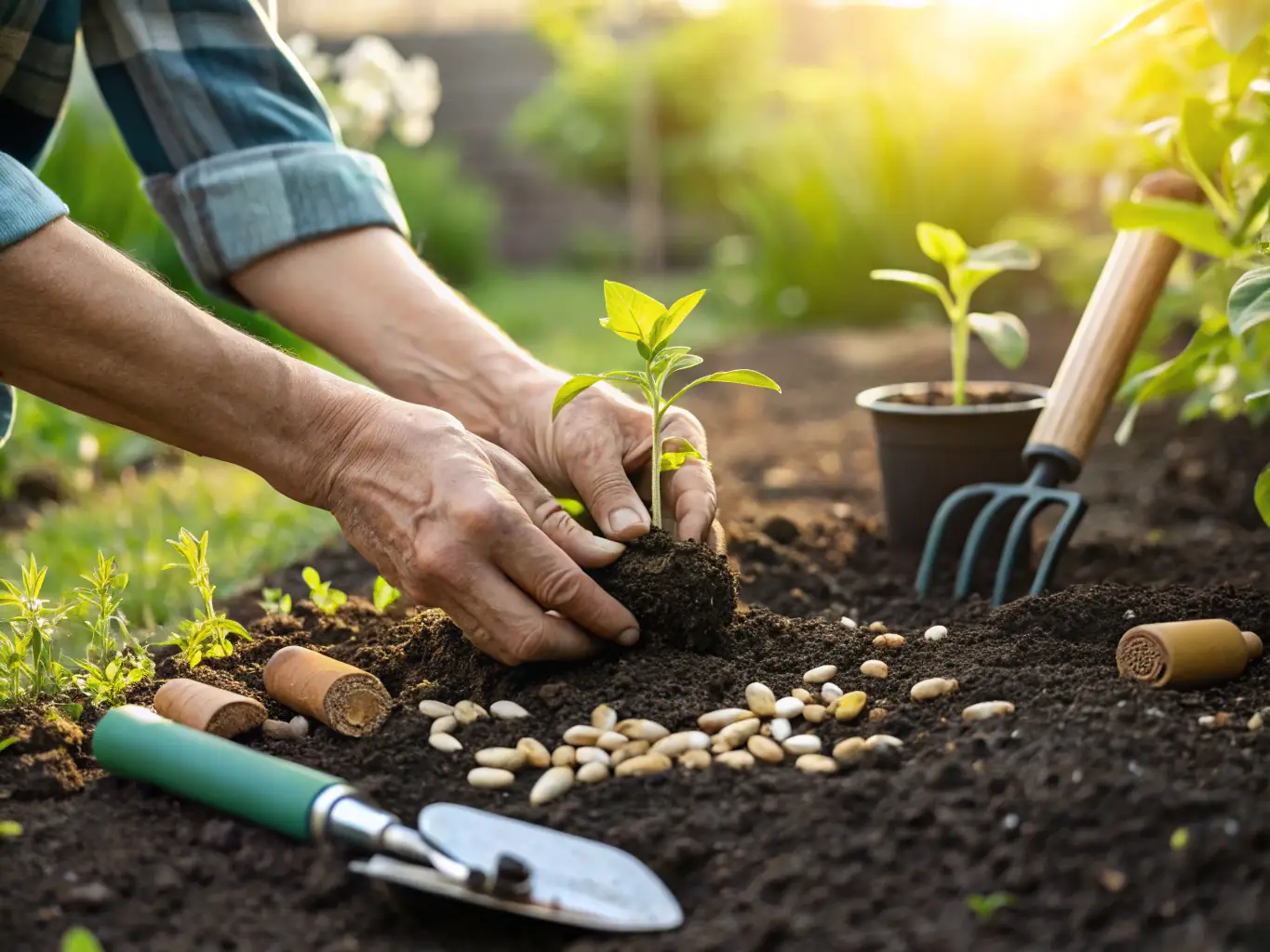 A hand holding a seedling growing from soil, symbolizing growth, resilience, and the nurturing of well-being.