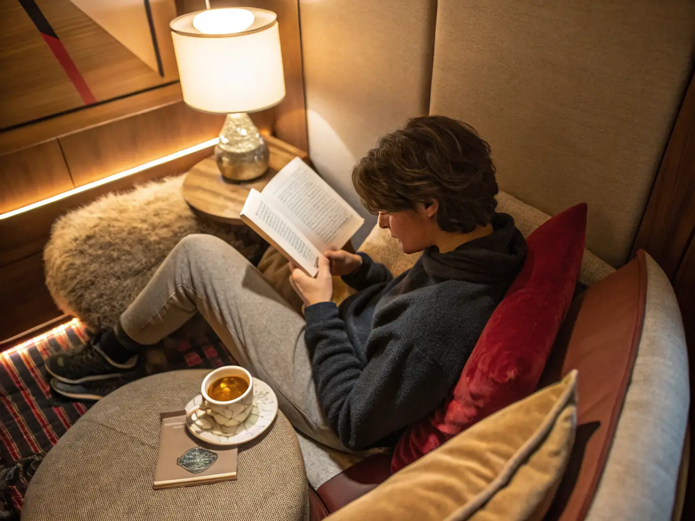 A person sitting comfortably in a chair, reading a book with a cup of tea on a nearby table, symbolizing relaxation and learning.